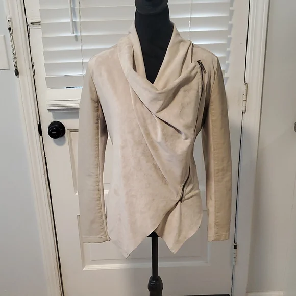 Blank NYC Cream Asymmetrical Faux Suede And Faux Leather Zip Up Jacket - Picture 1 of 15